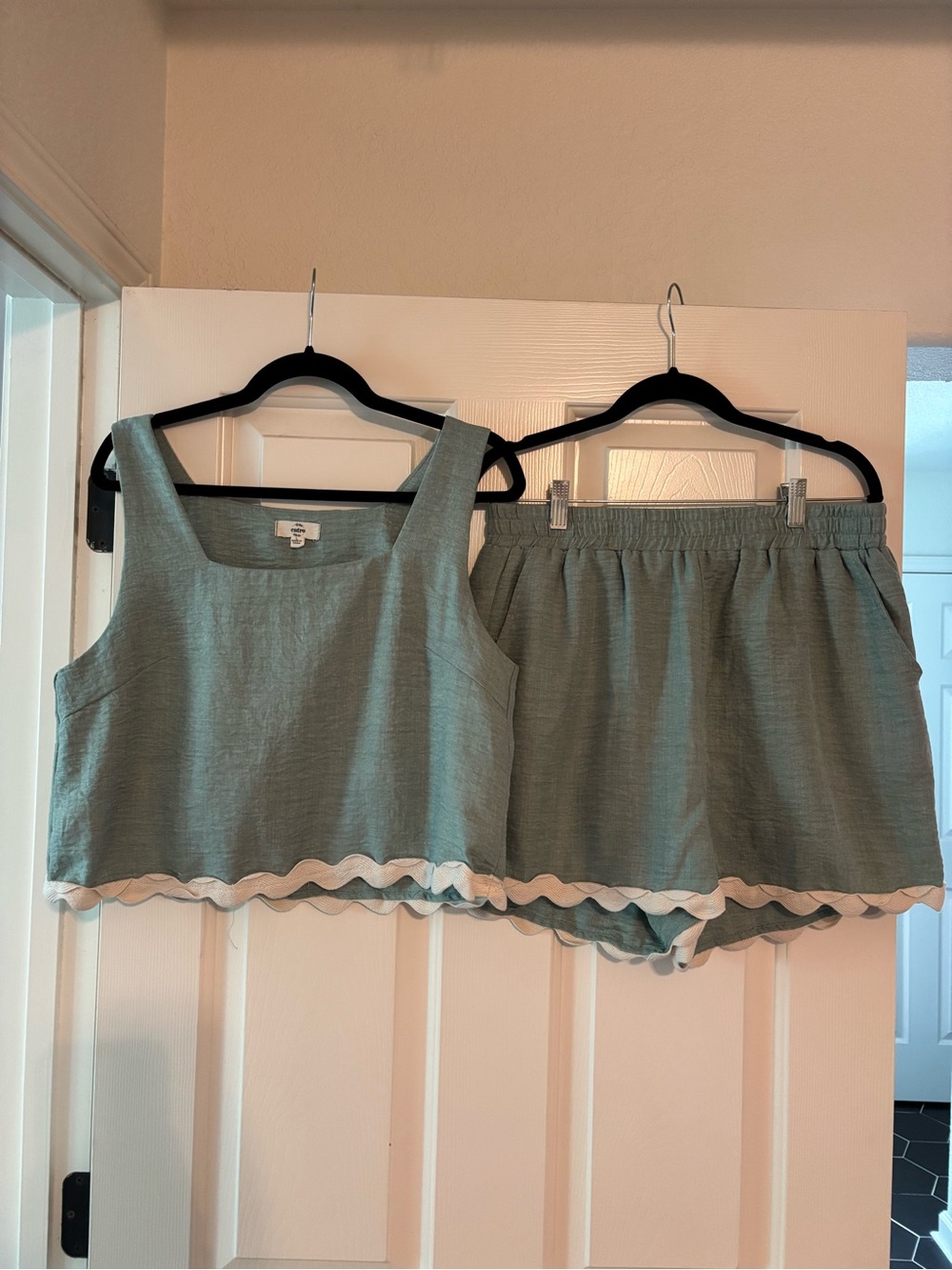 Light Teal Two-Piece Set with White Scallop Trim